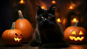 halloween schattig zwart kat en pompoen lantaarns. ai gegenereerd beeld foto