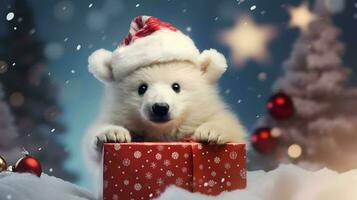 super schattig wit polair beer in de kerstman hoed met geschenkdoos. ai gegenereerd beeld foto