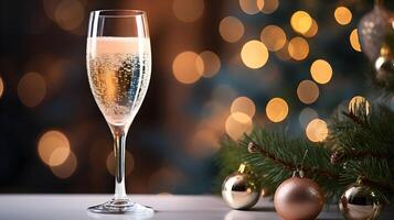 glas van Champagne. Kerstmis nacht, nieuw jaar vooravond. ai gegenereerd beeld foto