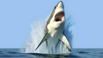 Super goed wit haai jumping uit van water Bij oceaan. ai gegenereerd foto