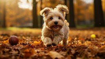 hond Toneelstukken met bal in herfst park foto