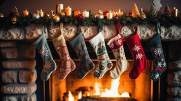 Kerstmis sokken hangende door haard foto