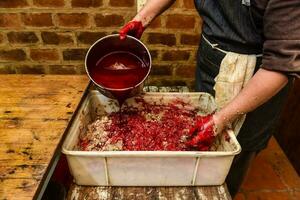 handgemaakt bloed worst voorbereiding, Argentijns traditie, pampa, Patagonië foto