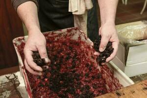 handgemaakt bloed worst voorbereiding, Argentijns traditie, pampa, Patagonië foto