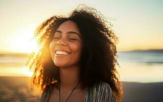 portret van een vrouw Bij zonsondergang. ai, generatief ai foto