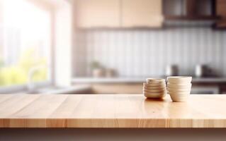 houten cups Aan een houten tafel in de keuken. ai, generatief ai foto