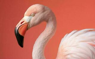 dichtbij omhoog van een flamingo Aan roze achtergrond. ai, generatief ai foto