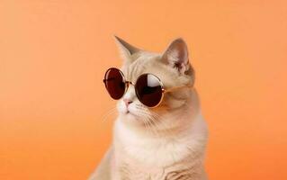 portet het schieten van een kat met zonnebril Aan een perzik achtergrond. ai, generatief ai foto