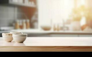 houten cups Aan een houten tafel in de keuken. ai, generatief ai foto