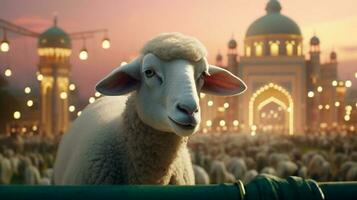 ai generatief schapen en moskee Aan eid al adha 's nachts foto