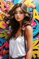 mooi meisje Aan een kleurrijk graffiti achtergrond foto