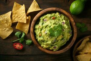 guacamole kom limoen chips voedsel. genereren ai foto