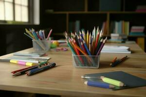 school- benodigdheden Aan tafel kantoor. genereren ai foto