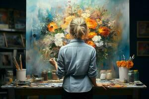 vrouw schilderij canvas bloemen. genereren ai foto