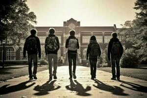 jongen wandelen school- klasse gebouw. genereren ai foto