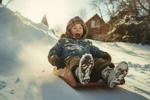 jongen rijden sneeuw glijbaan glimlach. genereren ai foto