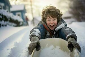 jongen rijden sneeuw glijbaan plezier. genereren ai foto