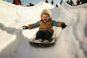 jongen rijden sneeuw glijbaan buitenshuis. genereren ai foto