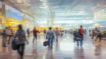 wazig achtergrond van reizigers of toeristen wandelen in Internationale terminal Bij de luchthaven in een haasten uur. generatief ai. foto
