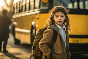 een schoolmeisje met rugzak staand in voorkant van school- bus. ai gegenereerd foto