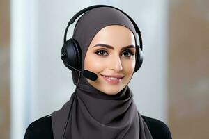 moslim vrouw vervelend een koptelefoon net zo klant steun. ai gegenereerd foto