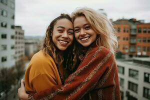 twee Dames knuffelen terwijl op zoek Bij camera. ai gegenereerd foto