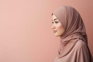 hijab vrouw met blanco ruimte geïsoleerd Aan roze achtergrond. ai gegenereerd foto