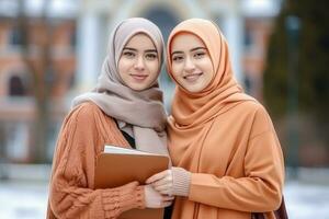 moslim leerling met boek en vriend in de stad. onderwijs concept. ai gegenereerd foto