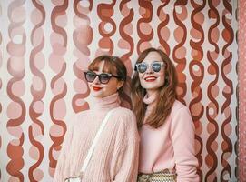 twee elegant meisjes in een roze trui en zonnebril tegen de achtergrond van de muur. ai gegenereerd foto