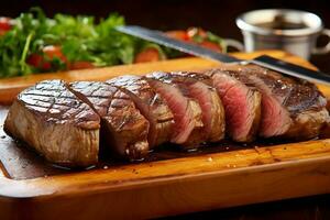 sappig biefstuk steak Aan rustiek houten bord. ai gegenereerd foto