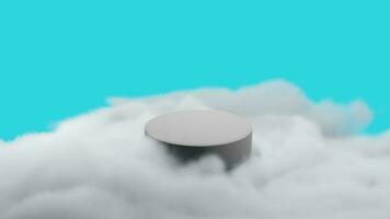 Product Scherm podium in grijs wolken, blauw lucht achtergrond, 3d renderen foto