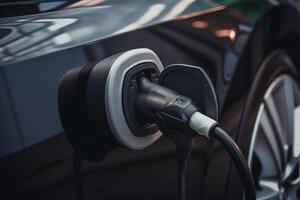 detailopname van een elektrisch opladen macht kabel in een milieuvriendelijk vriendelijk voertuig stopcontact. generatief ai foto