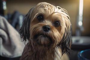 huisdier zorg, het wassen schattig pluizig hond, nat dier op zoek Bij camera. generatief ai foto