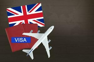 Visa met Verenigde koninkrijk vlag, paspoort en vliegtuig, reis reizen immigratie. foto