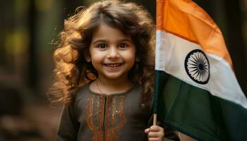 gelukkig schattig Indisch weinig meisje Holding Indisch vlag in een hand- foto