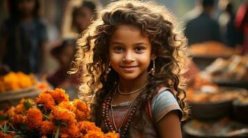 Indisch meisje glimlachen en Holding bloemen foto