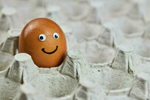 grappig Pasen kip ei gezicht in papier ei dienblad foto