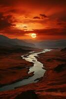 verbazingwekkend top visie van de zon over- een rood woestijn. ai generatief foto