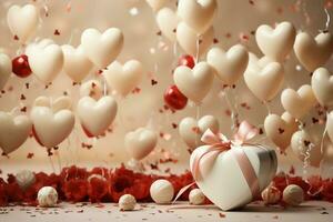 gelukkig valentijnsdag dag spandoek. roze en goud harten folie ballonnen met cadeaus Aan roze bokeh valentijnsdag dag achtergrond. ai generatief foto