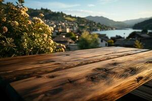 hout tafel Aan dichtbij omhoog meer vervagen Aan de achtergrond. natuurlijk middag zonlicht. ai generatief foto