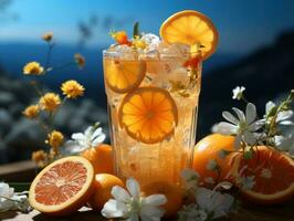 citrus smoothie drinken Aan tropisch achtergrond foto