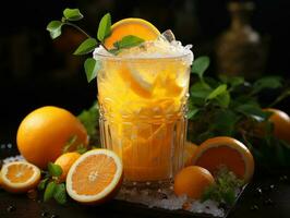 citrus smoothie drinken Aan tropisch achtergrond foto