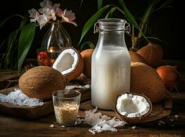 kokosnoot melk in klein transparant flessen foto