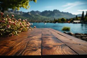 hout tafel Aan dichtbij omhoog meer vervagen Aan de achtergrond. natuurlijk middag zonlicht. ai generatief foto