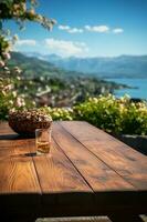 hout tafel Aan dichtbij omhoog meer vervagen Aan de achtergrond. natuurlijk middag zonlicht. ai generatief foto