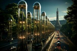 stel je voor een futuristische snelweg bruisend met autonoom voertuigen van allemaal vormen en maten. ai generatief foto