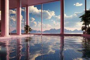 een visie van de zwembad en lucht is getoond, in de stijl van dampgolf. ai generatief foto