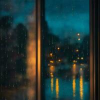 regendruppels vallend Aan de ruit, tegen de achtergrond van wazig stad lichten illustratie foto