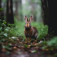 wild konijn in regen Woud ai gegenereerd foto