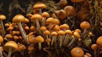 een dichtbij omhoog champignons in een natuurlijk ai gegenereerd foto